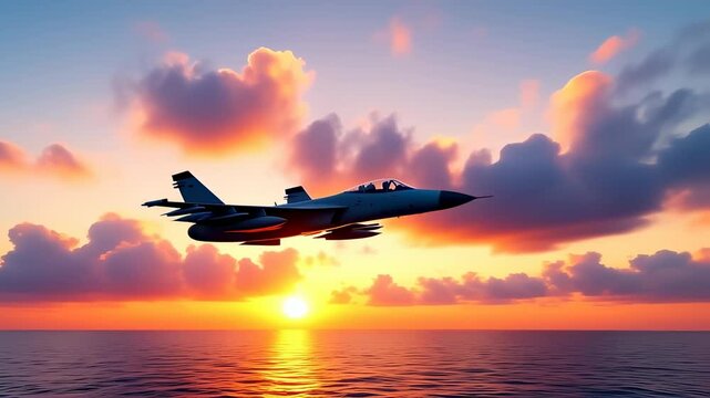 Fighter Jet Soaring Above Ocean at Sunset: Dynamic Flight, Vibrant Sky, and Serene Waters