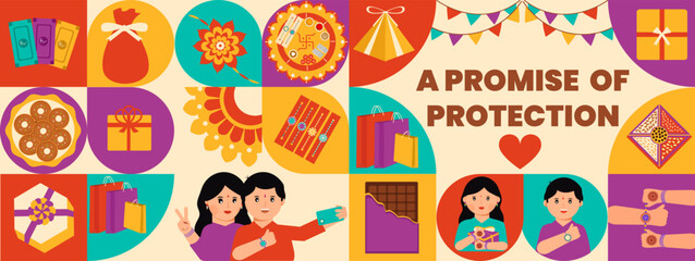 Creative flat trendy minimal style banner design with gifts, sweets, oil lamp, and Rakhi vector illustration. Happy Raksha Bandhan indian festival celebration.