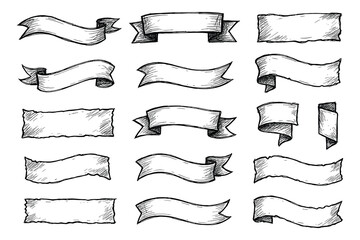 Collection of Hand-Drawn Vintage Style Banners and Ribbons for Badges and Labels