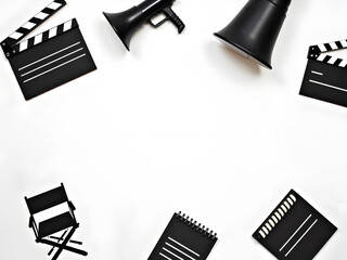 Director’s Cut Edge: Top-down flat lay featuring director-themed items like a megaphone, clapperboard, director’s chair icon, storyboards, and camera props placed at the edge, center left clean.