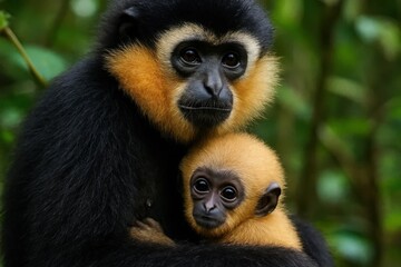 Fototapeta premium A mother gorilla cradles her young in a lush forest embrace
