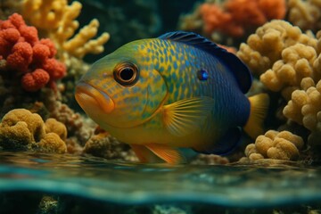 Fototapeta premium A vibrant blue-green fish with yellow spots floats gracefully amidst a coral reef, embodying the rich biodiversity of marine life