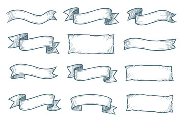 Detailed Hand-Drawn Set of Decorative Ribbon Banners, Vintage Style Elements Collection