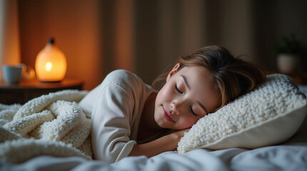 Sleep-inducing ayurvedic flatlay with sesame oil, lavender diffuser, herbal tea, eye pillow, sandalwood incense and cozy blanket in warm low light, serene nighttime mood