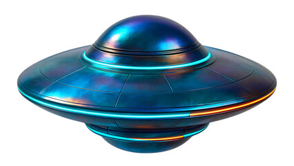 Futuristic metallic flying saucer with glowing blue and orange lights isolated on transparent background