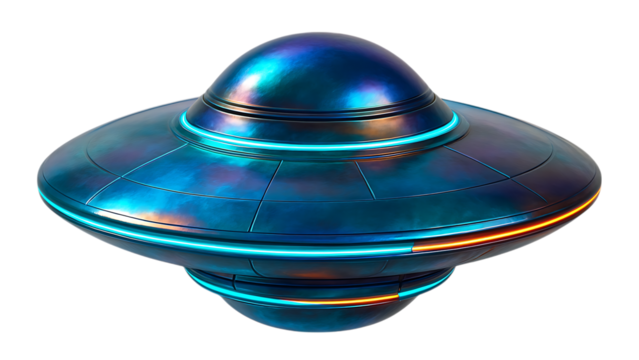 Futuristic metallic flying saucer with glowing blue and orange lights isolated on transparent background