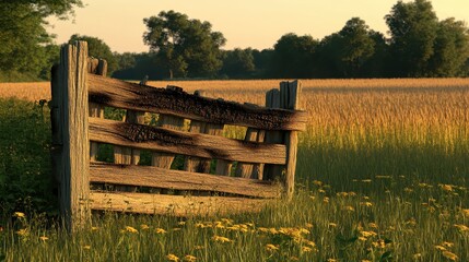 Obraz premium Rustic Wooden Fence in Golden Field at Sunset with Green Trees