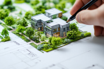 Urban planning sustainable city design green architecture hand drawing skyscrapers. Architect designing modern high-rise residential building area model.	
