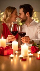 Romantic couple toasting wine glasses at candlelit dinner