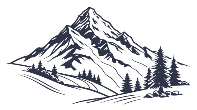 Illustration of a mountain range with snow capped peaks and evergreen trees on a snowy hillside view