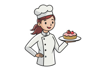 Smiling cartoon chef presenting a delicious pink frosted cake topped with red berries on a white plate