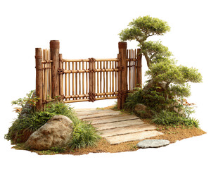 Bamboo gate with zen garden design wooden path bonsai tree lush green plants tranquil atmosphere natural stone Japanese style peaceful outdoor landscaping