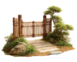 Bamboo gate with zen garden design wooden path bonsai tree lush green plants tranquil atmosphere natural stone Japanese style peaceful outdoor landscaping