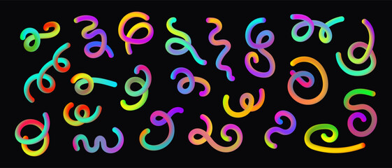 Bright Gradient Line shapes. Abstract wavy fluid element. Neon rainbow spiral and curved design elements. 3D Squiggle.