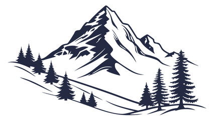 Illustration of a mountain range with snow and pine trees in a monochrome black and white landscape scene