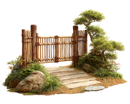 Bamboo gate with zen garden design wooden path bonsai tree lush green plants tranquil atmosphere natural stone Japanese style peaceful outdoor landscaping