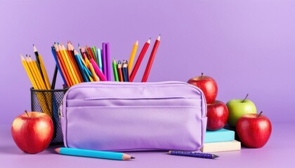 On a purple background are school supplies: a glass with pencils and pens, a purple pencil case, red and one green apple, a stack of books and a pair of pencils.