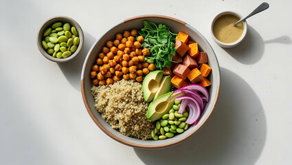 Overhead shot of healthy vegan buddha bowl with vegetables