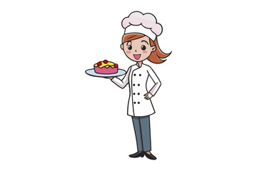 Smiling cartoon female chef in uniform proudly presents a deliciously decorated cake on a serving plate