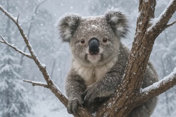 Obraz premium A koala gazes out from a snow-covered tree branch