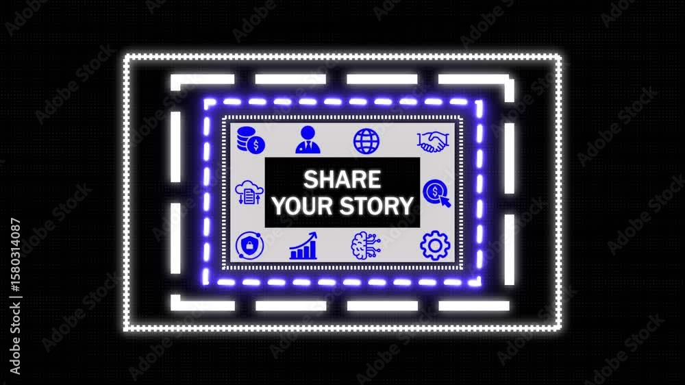 Poster a share your story concept button on a clear projection, network icon ,blue holographic advanced rec