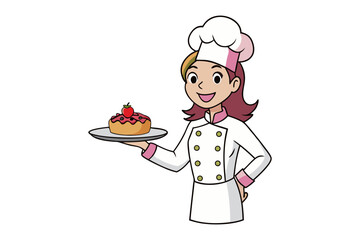 Smiling cartoon chef presents a deliciously decorated pastry on a serving plate with a white background