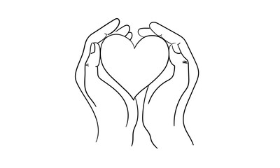 Heart in women's hands, continious line drawing. Love, charity, help, support outline. Vector illustration