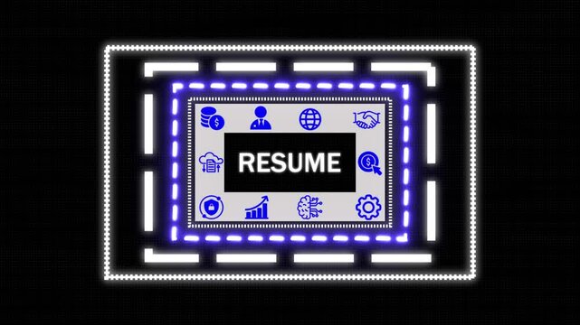 A Resume concept button on a futuristic ,high performance, monitoring and evaluation ,Blue holographic advanced rectangle platform dots digital luxurious wave particles flows background,