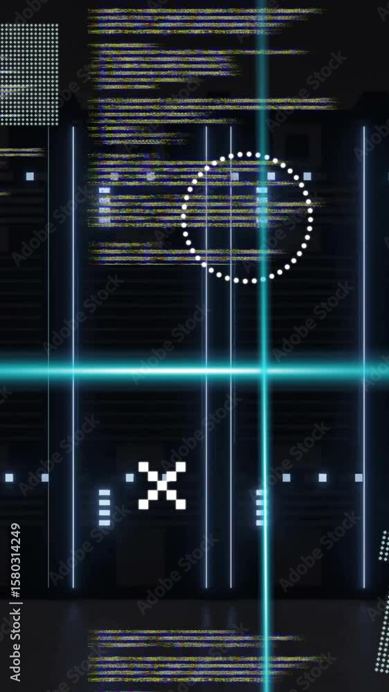 Poster animation of rotating shapes and blue scanner beams over data processing on black background