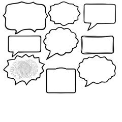 Obraz premium A collection of diverse, hand-drawn speech bubbles and thought balloons in various shapes and styles, perfect for comic books, graphic design, and communication concepts.
