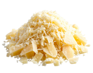 Top-Down View of Grated Parmesan Scattered in Organic Shape, Isolated PNG.