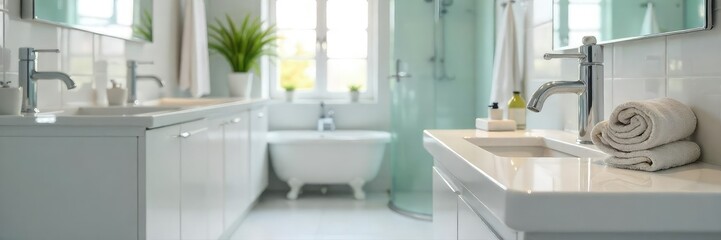 Sparkling Clean Bathroom Professional Maid Service Results. Spotless surfaces, gleaming faucets, and freshly folded towels showcase the pristine outcome of a thorough household cleaning.