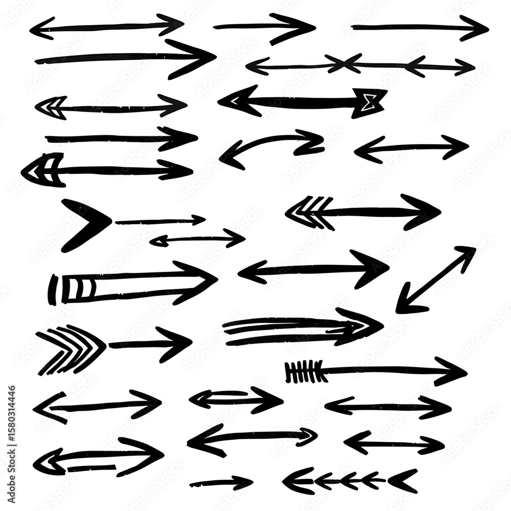 Poster hand-drawn arrow collection in black ink showcases a variety of directional styles on a clean white 