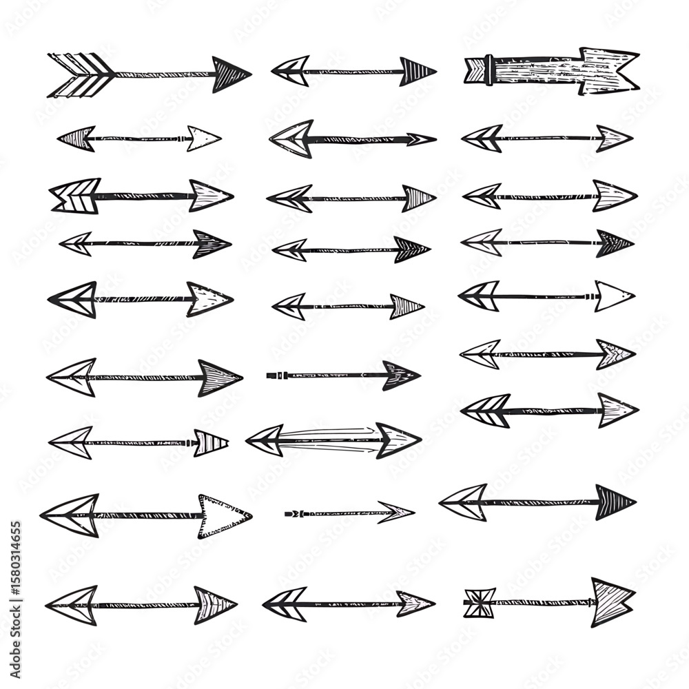 Poster a collection of hand-drawn arrows in various styles, perfect for design elements and indicating dire