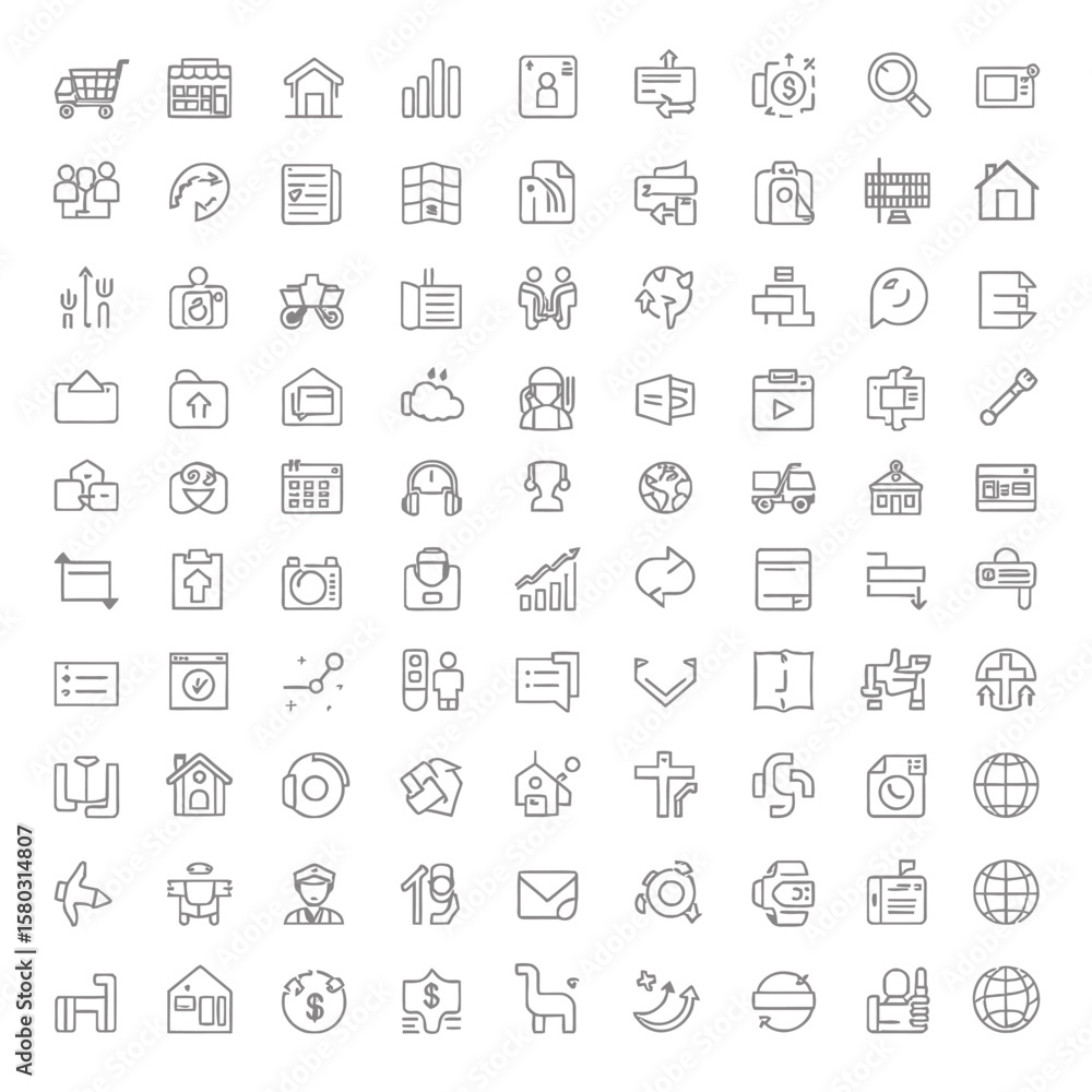 Aufkleber collection of thin line icons representing various concepts such as business, travel, technology, an