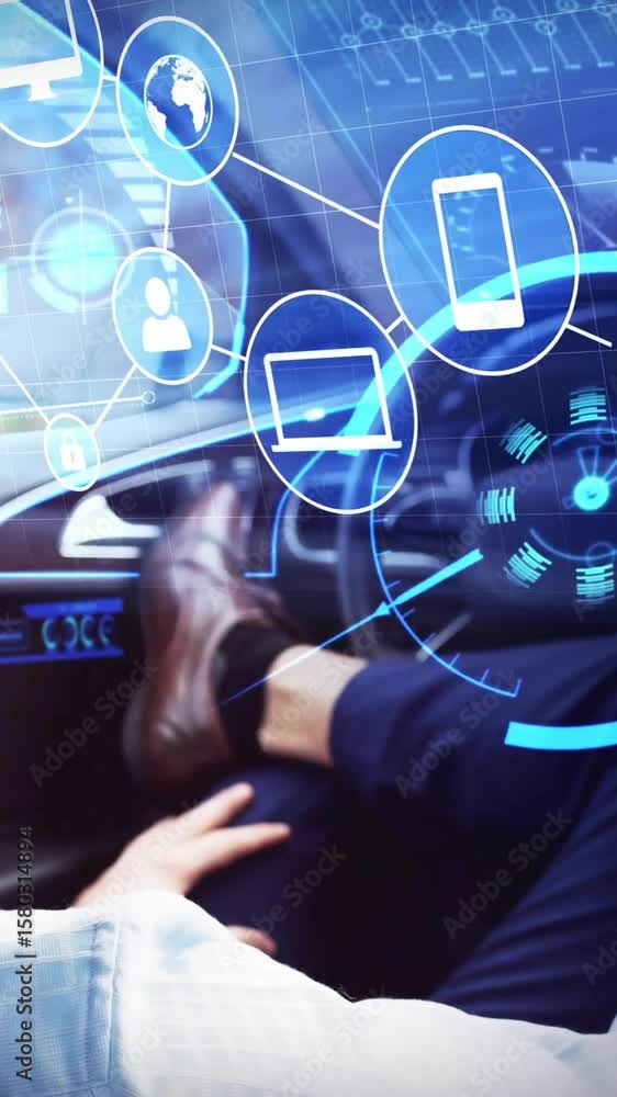 Poster futuristic digital interface animation over person relaxing in autonomous car
