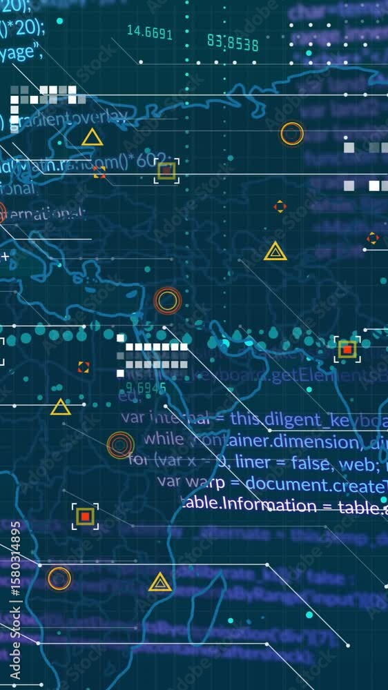 Poster Animating programming code and data visualization over world map on screen