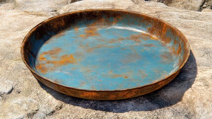Fototapeta premium Rusty Blue Circular Tray on Textured Rock Surface in Natural Light