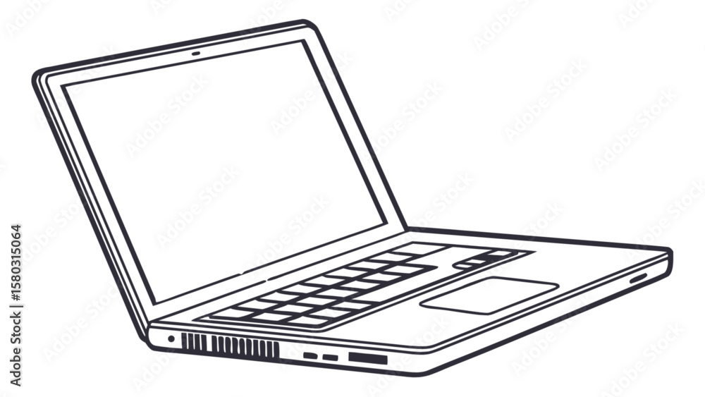 Fototapete line drawing of an open laptop with a blank screen keyboard and trackpad on a white background view 