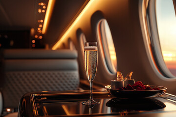 Champagne Glass on Luxurious Airplane private jet at Sunset. First class cabin in luxury plane.	