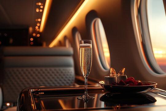 Champagne Glass on Luxurious Airplane private jet at Sunset. First class cabin in luxury plane.	