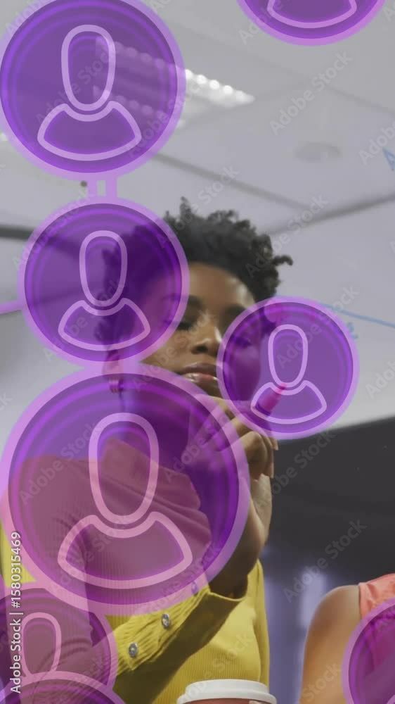Poster collaborating on project, diverse team using animation with digital user icons