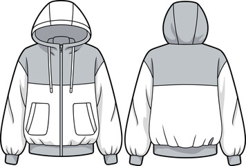 Color block puffer hooded jacket technical flat sketch, front and back view, with zipper, pockets, cuffs, and winter outerwear design.