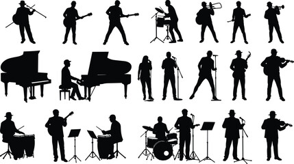 Silhouettes of musicians performing on stage, playing guitar, violin, piano, drums, trumpet, singing live, concert scene, musical band