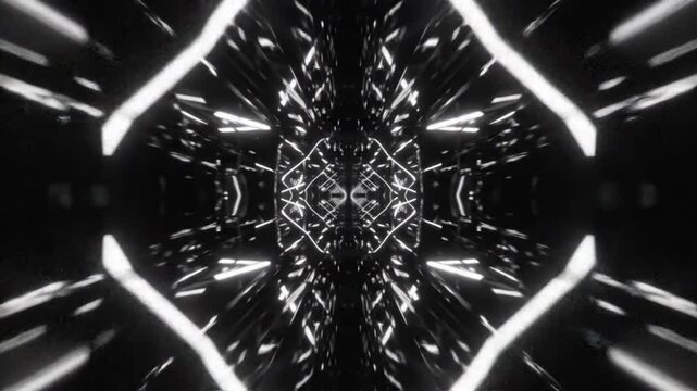 Black white symmetry, geometric kaleidoscope animation with sharp monochrome shapes perfect for techno visuals trance loops and digital motion effects