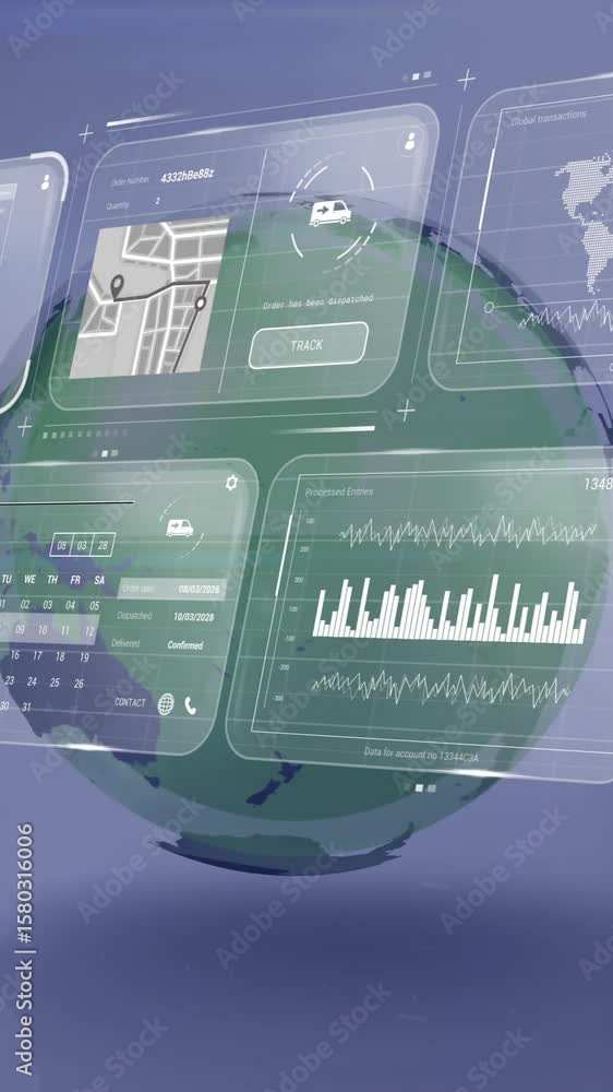 Poster global data analytics and graphs overlay rotating earth in digital interface