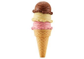 Isolated Colorful Ice Cream Cone with Strawberry Vanilla and Chocolate