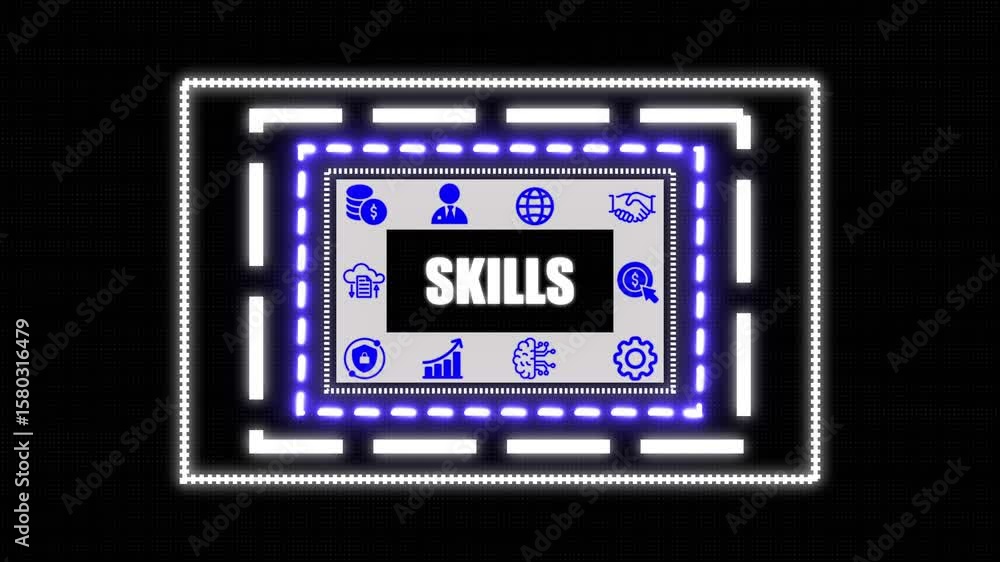 Poster skills concept button on a clear projection, network icon ,blue holographic advanced rectangle platf