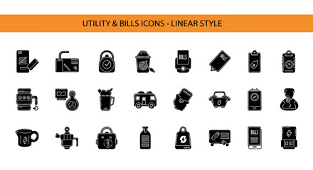 A collection of 20 Utility & Bills Icons Linear Style Black flet Icon. The icons are neatly arranged in rows and columns, with a orange banner on the top that reads 'Utility & Bills Icons -Linear Styl © Slamat