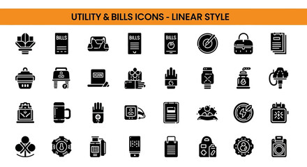 A collection of 20 Utility & Bills Icons Linear Style Black flet Icon. The icons are neatly arranged in rows and columns, with a orange banner on the top that reads 'Utility & Bills Icons Linear Style © Slamat